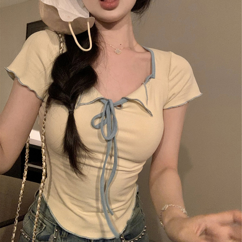 Plus Size Women's Summer Short Sleeve T-Shirt – Spicy Slim Fit Tummy-Covering Tie Top for a Trendy Look Plus Size Women's Summer Short Sleeve T-Shirt – Spicy Slim Fit Tummy-Covering Tie Top for a Trendy Look