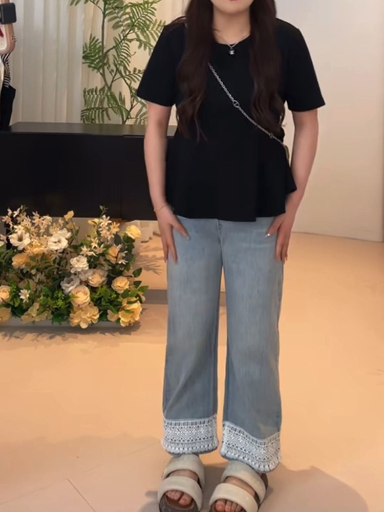 Plus Size Women's Summer Short Sleeve T-shirt with Lotus Leaf Edges, Flattering Design for Chubby Figures, Versatile Youthful Style Plus Size Women's Summer Short Sleeve T-shirt with Lotus Leaf Edges, Flattering Design for Chubby Figures, Versatile Youthful Style