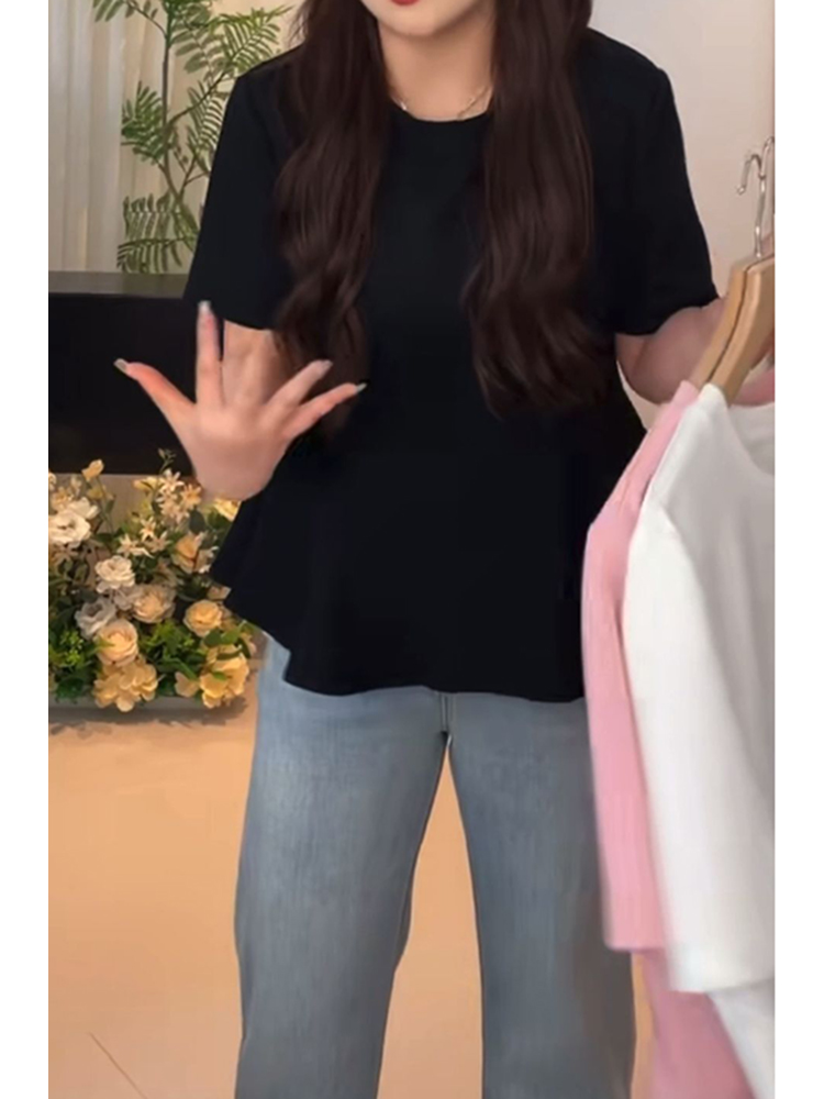 Plus Size Women's Summer Short Sleeve T-shirt with Lotus Leaf Edges, Flattering Design for Chubby Figures, Versatile Youthful Style Plus Size Women's Summer Short Sleeve T-shirt with Lotus Leaf Edges, Flattering Design for Chubby Figures, Versatile Youthful Style