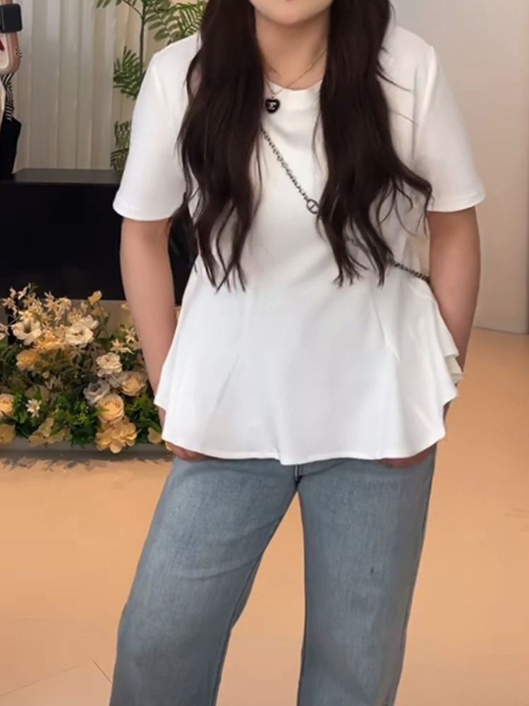 Plus Size Women's Summer Short Sleeve T-shirt with Lotus Leaf Edges, Flattering Design for Chubby Figures, Versatile Youthful Style Plus Size Women's Summer Short Sleeve T-shirt with Lotus Leaf Edges, Flattering Design for Chubby Figures, Versatile Youthful Style