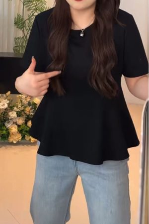 Plus Size Women's Summer Short Sleeve T-shirt with Lotus Leaf Edges, Flattering Design for Chubby Figures, Versatile Youthful Style