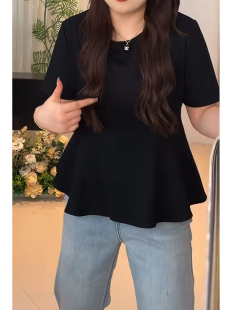 Plus Size Women's Summer Short Sleeve T-shirt with Lotus Leaf Edges, Flattering Design for Chubby Figures, Versatile Youthful Style Plus Size Women's Summer Short Sleeve T-shirt with Lotus Leaf Edges, Flattering Design for Chubby Figures, Versatile Youthful Style