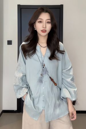 Plus-Size Women's Vintage Embroidered V-Neck Shirt - Loose, Flattering Summer Top for Curvy Figures - Versatile French Style