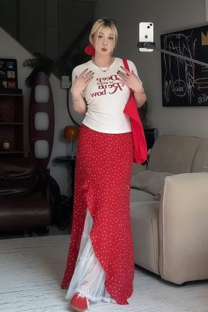 Plus Size Women's Vintage Letter Print Short Sleeve T-Shirt Summer Outfit with Red Polka Dot Skirt Two-Piece Set