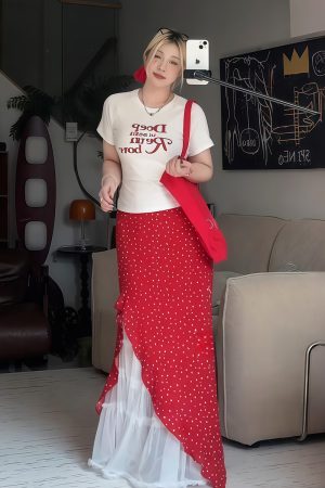 Plus Size Women's Vintage Letter Print Short Sleeve T-Shirt Summer Outfit with Red Polka Dot Skirt Two-Piece Set