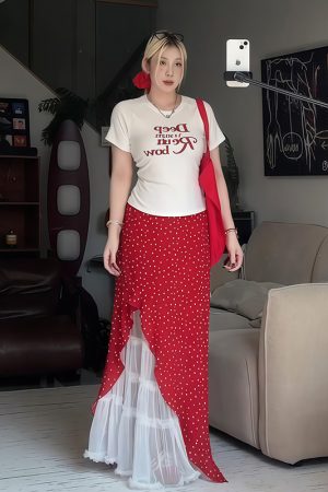 Plus Size Women's Vintage Letter Print Short Sleeve T-Shirt Summer Outfit with Red Polka Dot Skirt Two-Piece Set
