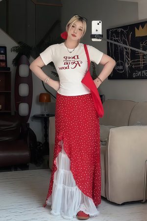 Plus Size Women's Vintage Letter Print Short Sleeve T-Shirt Summer Outfit with Red Polka Dot Skirt Two-Piece Set