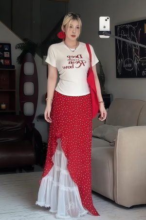 Plus Size Women's Vintage Letter Print Short Sleeve T-Shirt Summer Outfit with Red Polka Dot Skirt Two-Piece Set