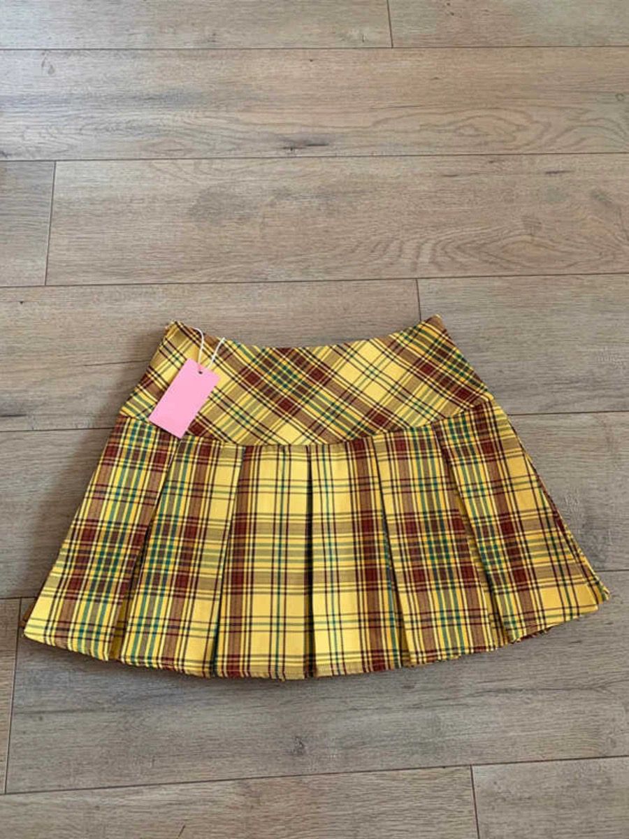 Plus Size Yellow Checkered Pleated Skirt for Women, High-Waisted A-Line Design, Summer College Style, Short Skirt for Petite Fashion Plus Size Yellow Checkered Pleated Skirt for Women, High-Waisted A-Line Design, Summer College Style, Short Skirt for Petite Fashion