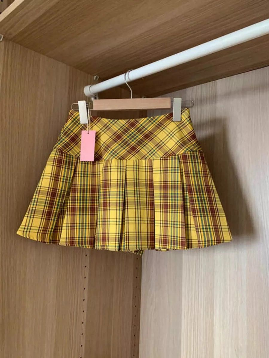 Plus Size Yellow Checkered Pleated Skirt for Women, High-Waisted A-Line Design, Summer College Style, Short Skirt for Petite Fashion Plus Size Yellow Checkered Pleated Skirt for Women, High-Waisted A-Line Design, Summer College Style, Short Skirt for Petite Fashion