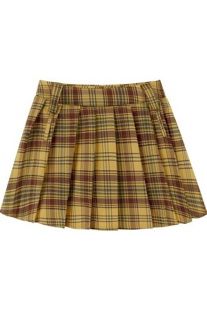 Plus Size Yellow Plaid Midi Skirt for Women - American Retro College Style High Waist Pleated A-Line Short Skirt Summer Fashion