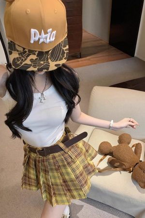 Plus Size Yellow Plaid Midi Skirt for Women - American Retro College Style High Waist Pleated A-Line Short Skirt Summer Fashion