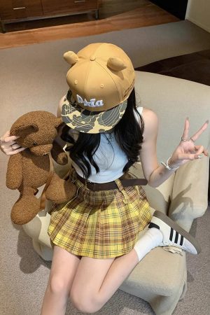 Plus Size Yellow Plaid Midi Skirt for Women - American Retro College Style High Waist Pleated A-Line Short Skirt Summer Fashion