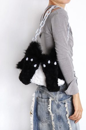 Plush Cow Cat Crossbody Bag for Students - Cute Face-Covering Design, Autumn Winter Niche Style