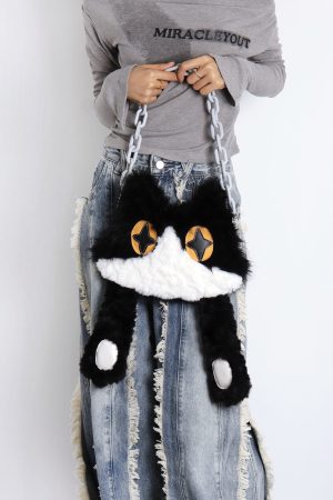 Plush Cow Cat Crossbody Bag for Students - Cute Face-Covering Design, Autumn Winter Niche Style