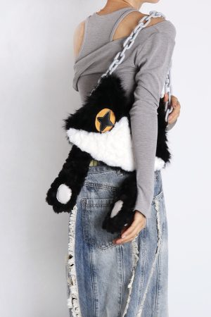Plush Cow Cat Crossbody Bag for Students - Cute Face-Covering Design, Autumn Winter Niche Style