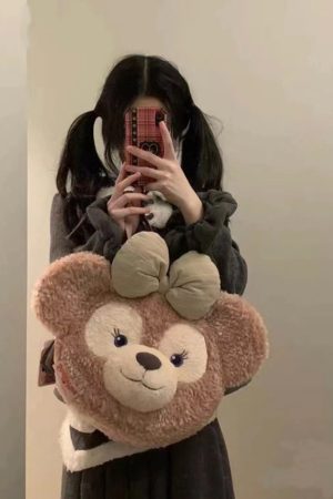 Plush Duffy Bear Big Face Bag - Versatile Cartoon Teddy Bear Doll Double Shoulder Handbag in Snow Pear Rose - Y2K Style