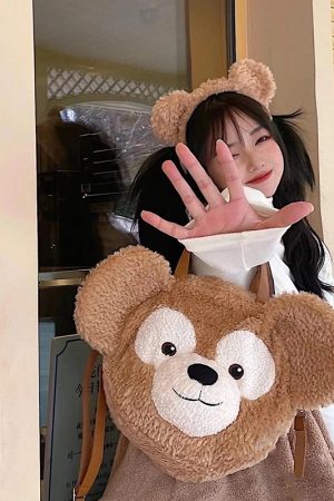 Plush Duffy Bear Big Face Bag - Versatile Cartoon Teddy Bear Doll Double Shoulder Handbag in Snow Pear Rose - Y2K Style