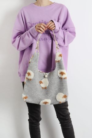 Plush Gray Lamb Tote Bag for Women, Soft and Cute Large Capacity Design, Trendy Niche Style