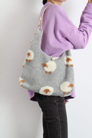 Plush Gray Lamb Tote Bag for Women, Soft and Cute Large Capacity Design, Trendy Niche Style