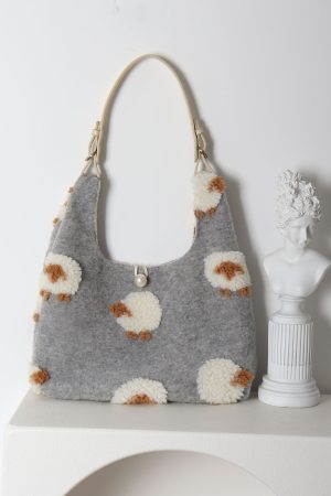 Plush Gray Lamb Tote Bag for Women, Soft and Cute Large Capacity Design, Trendy Niche Style