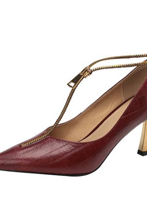 Pointed Toe French Genuine Leather T-Strap Zipper Stiletto Heels - Elegant Italian Design for Chic Style
