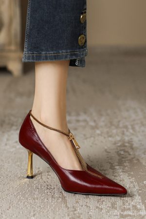 Pointed Toe French Genuine Leather T-Strap Zipper Stiletto Heels - Elegant Italian Design for Chic Style