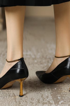 Pointed Toe French Genuine Leather T-Strap Zipper Stiletto Heels - Elegant Italian Design for Chic Style