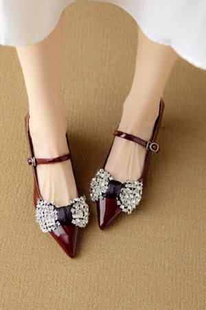 Pointed Toe French Rhinestone Bow Flat Shoes for Women - Italian Style Dimpled Design, Shallow Mouth, Chic Footwear