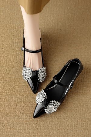 Pointed Toe French Rhinestone Bow Flat Shoes for Women - Italian Style Dimpled Design, Shallow Mouth, Chic Footwear