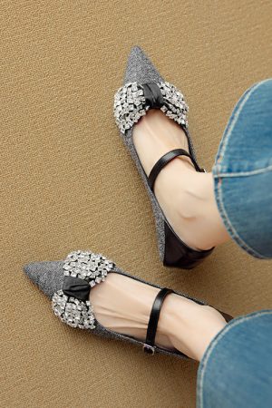 Pointed Toe French Rhinestone Bow Flat Shoes for Women - Italian Style Dimpled Design, Shallow Mouth, Chic Footwear