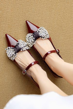 Pointed Toe French Rhinestone Bow Flat Shoes for Women - Italian Style Dimpled Design, Shallow Mouth, Chic Footwear
