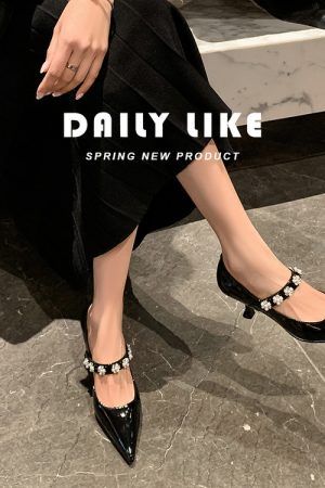 Pointed Toe Rhinestone Strap High Heels - Women's Fashionable Genuine Leather Mary Jane Shoes in Italian Style