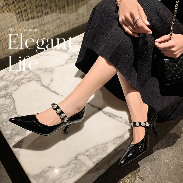 Pointed Toe Rhinestone Strap High Heels - Women's Fashionable Genuine Leather Mary Jane Shoes in Italian Style Pointed Toe Rhinestone Strap High Heels - Women's Fashionable Genuine Leather Mary Jane Shoes in Italian Style