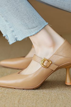 Pointed Toe Shallow Mouth High Heels - Vintage One-Strap Low-Heeled Sheepskin Shoes for Elegant Style