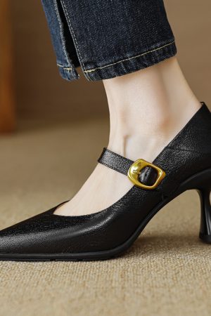 Pointed Toe Shallow Mouth High Heels - Vintage One-Strap Low-Heeled Sheepskin Shoes for Elegant Style