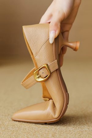 Pointed Toe Shallow Mouth High Heels - Vintage One-Strap Low-Heeled Sheepskin Shoes for Elegant Style