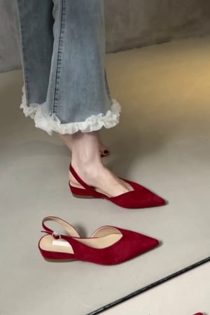 Pointed Toe Sheepskin Wedge Heeled Sandals for Women, French Minimalist Back Strap Evening Shoes, Chic Commuting Flats