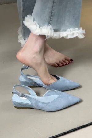 Pointed Toe Sheepskin Wedge Heeled Sandals for Women, French Minimalist Back Strap Evening Shoes, Chic Commuting Flats