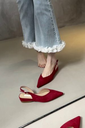 Pointed Toe Sheepskin Wedge Heeled Sandals for Women, French Minimalist Back Strap Evening Shoes, Chic Commuting Flats