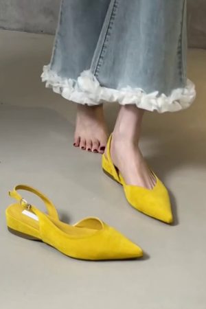 Pointed Toe Sheepskin Wedge Heeled Sandals for Women, French Minimalist Back Strap Evening Shoes, Chic Commuting Flats