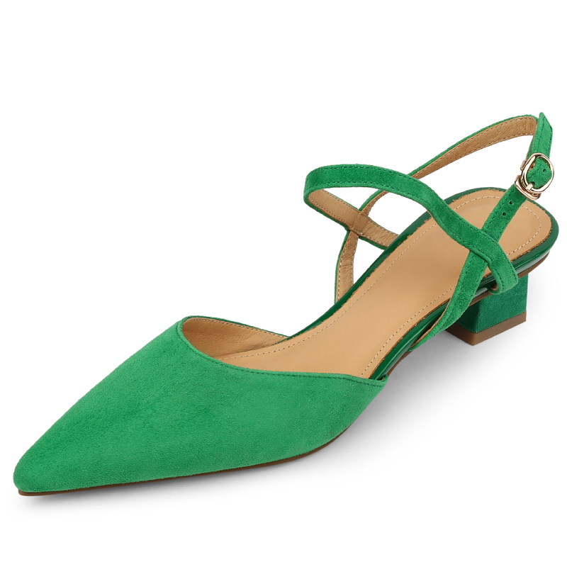 Pointed Toe Suede Open-Toe Chunky Mid-Heel Backless Sandals for Women - Slimming Summer Style in Green Pointed Toe Suede Open-Toe Chunky Mid-Heel Backless Sandals for Women - Slimming Summer Style in Green