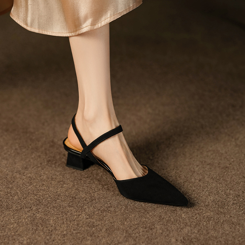 Pointed Toe Suede Open-Toe Chunky Mid-Heel Backless Sandals for Women - Slimming Summer Style in Green Pointed Toe Suede Open-Toe Chunky Mid-Heel Backless Sandals for Women - Slimming Summer Style in Green