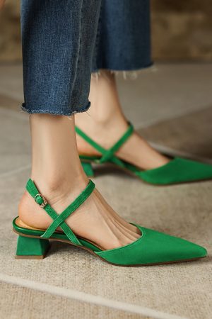 Pointed Toe Suede Open-Toe Chunky Mid-Heel Backless Sandals for Women - Slimming Summer Style in Green