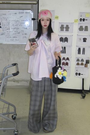 Polka Dot Bow Short Sleeve Shirt for Women - Pink Striped Blouse, French Sweet Top, Trendy Summer Fashion