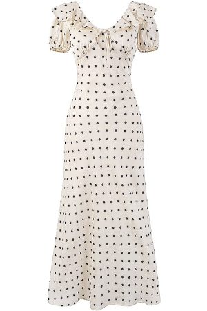 Polka Dot Print Ruffled V-Neck Puff Sleeve Dress for Women - Slimming Waist-Defining Long Dress, Perfect for 90s and Y2K Style