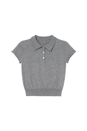 Polo Collar Raglan Sleeve Knitted Short Sleeve T-Shirt for Women - Slim Fit Summer 2025 Essential Top, Casual Chic Style