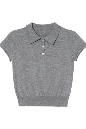 Polo Collar Raglan Sleeve Knitted Short Sleeve T-Shirt for Women - Slim Fit Summer 2025 Essential Top, Casual Chic Style