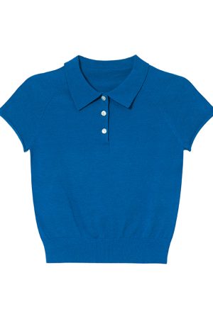 Polo Collar Raglan Sleeve Knitted Short Sleeve T-Shirt for Women - Slim Fit Summer 2025 Essential Top, Casual Chic Style