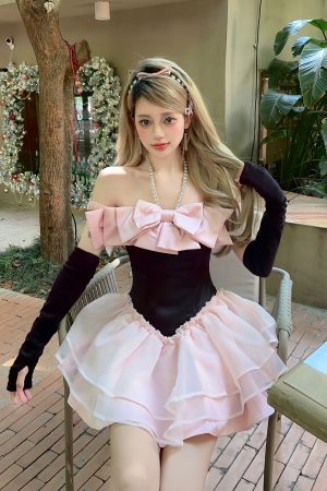 Princess Black Puff Skirt Dress with Bow and Diamond-Studded Neck, Fairy Tale Style for Birthdays, Y2K Fashion